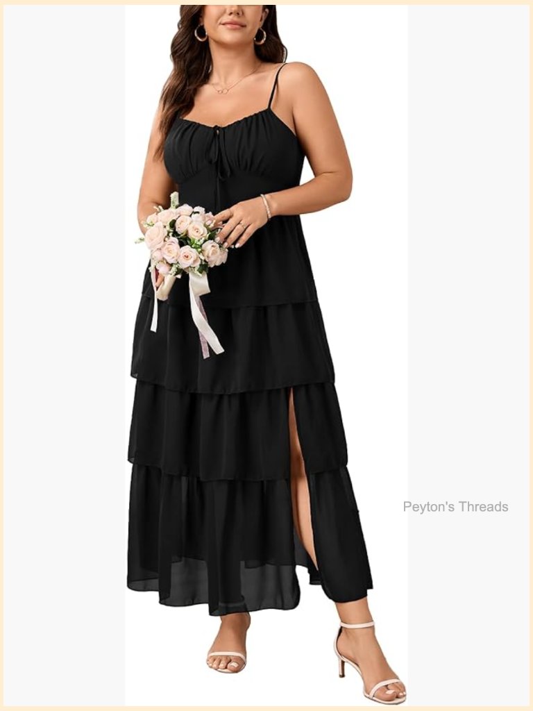 Plus Size Maxi Dress Spaghetti Strap Tiered Ruffle Slit Elegant